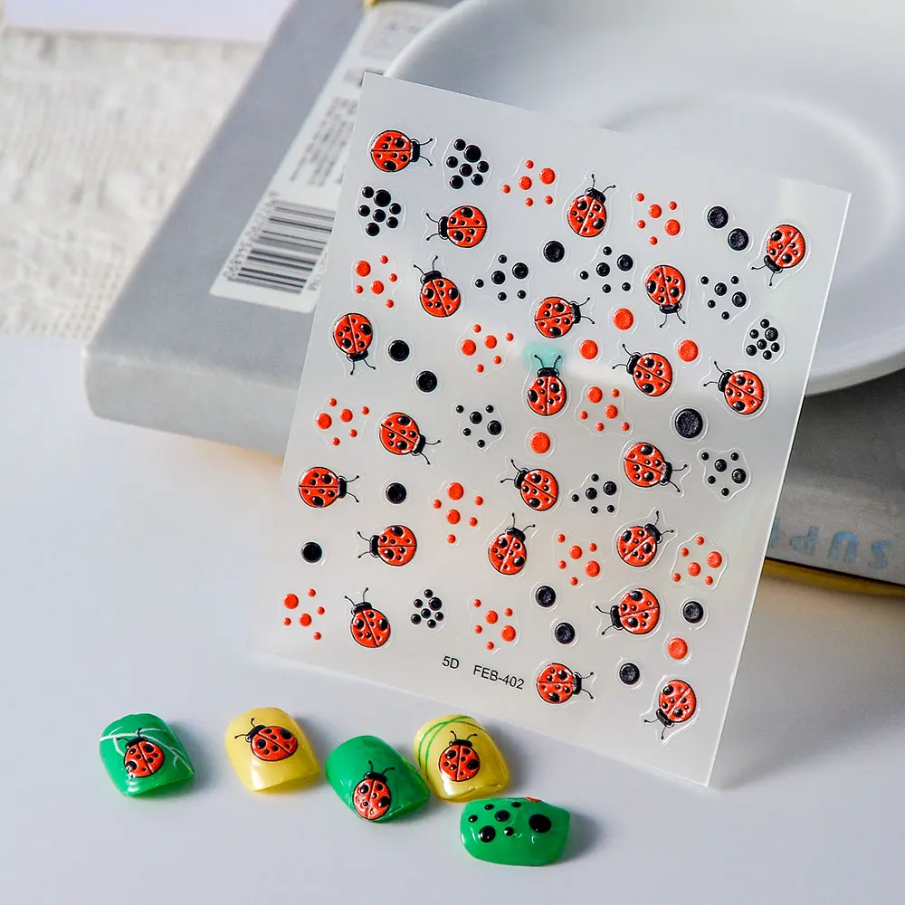 Ladybug 5D Nail Stickers Decals Foils Sliders Back Glue Nail Stickers Nail Supplies FEB-402