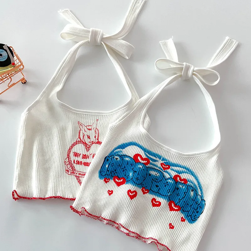 

Women Cute Printed Halter Tops Sweet Heart Beach Bandage Drawstring V-neck Korean Tops Camis Ladies Cute Slim Ribbed Tank Tops
