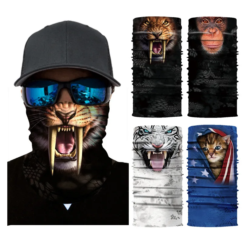 3D Tiger Shark Cat Dog Print Seamless Magic Scarf Men Outdoor Neck Gaiter Sunscreen Face Mask Cycling Headwear Women Bandana