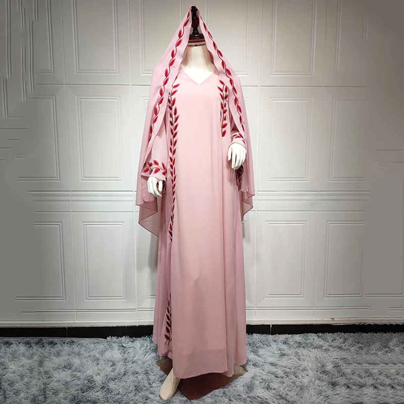 Chiffon Summer Embroidery Abaya Dubai Turkey Muslim Dress Woman Hijab 2022 Pink Saudi Arabian Islam Arabic Eid Mubarak New Abaya