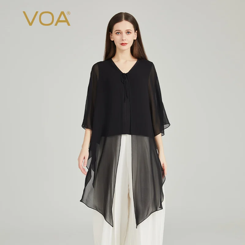 

(Fans Exclusive Discount) VOA 30 Momme Silk Black V-neck Panel Georgette Bat Sleeve Loose Leaf Decoration Simple T-shirt BE1395