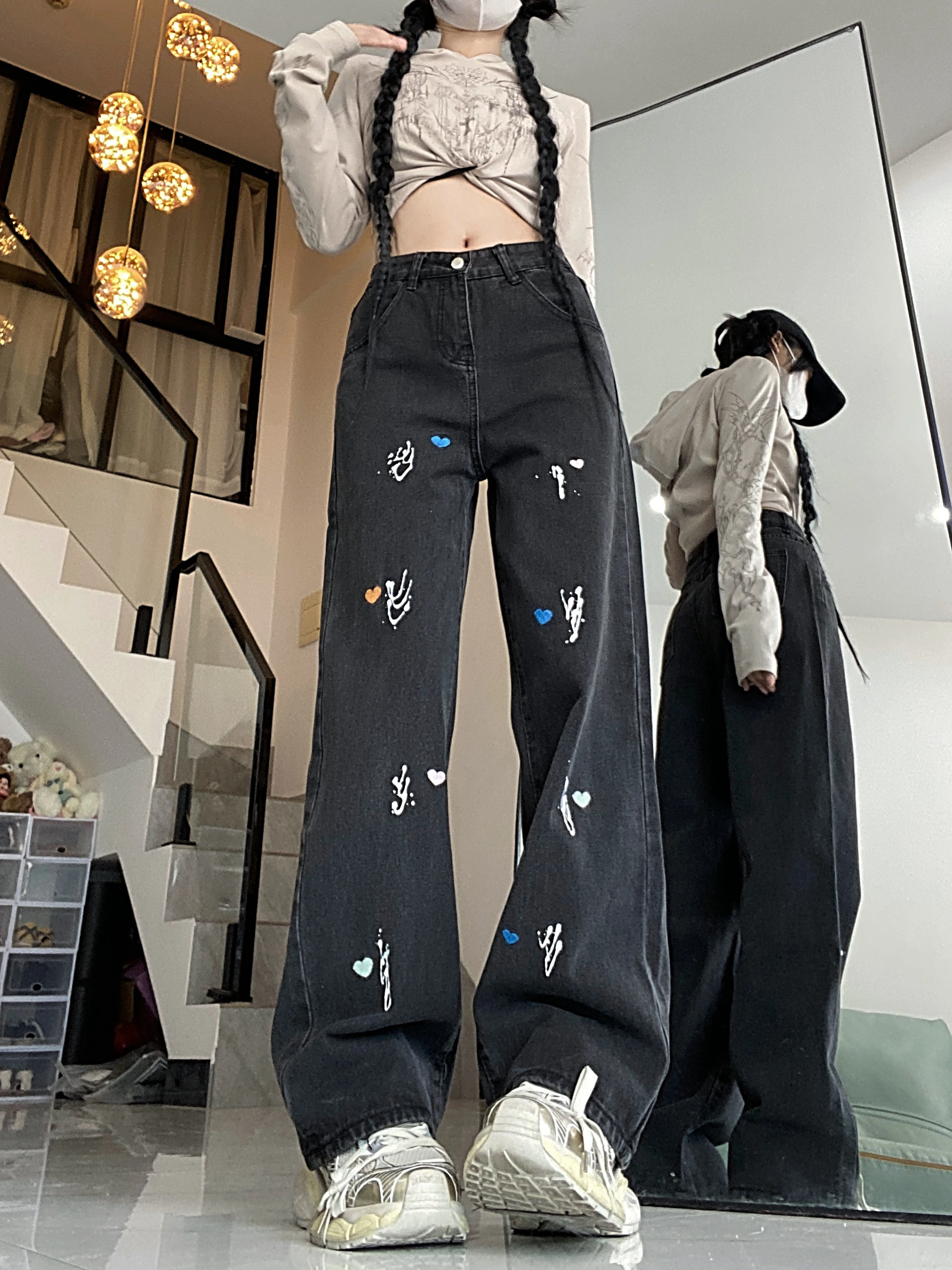 Джинсы WCFCX женские с вышивкой в стиле Харадзюку черные широкие брюки из денима