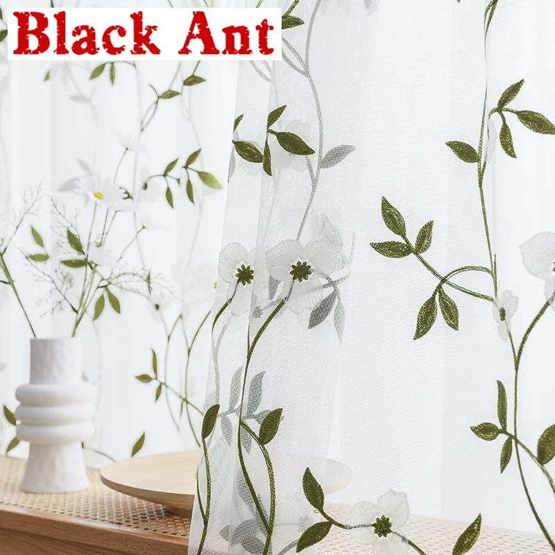 

Прозрачные шторы в пасторальном стиле с цветочной вышивкой и зелеными листьями для детской комнаты, элегантные готовые тюлевые занавески, ...