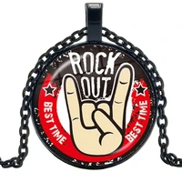 hot style creative victory rock gesture glass cabochon pendant necklace rock music accessories gift sweater chain