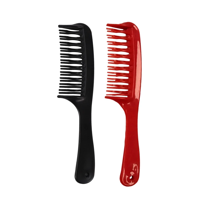 

2 Pcs Double Row Tooth Detangler Hair Comb Shampoo Comb With Handle For Long Curly Wet Hair Black & Red