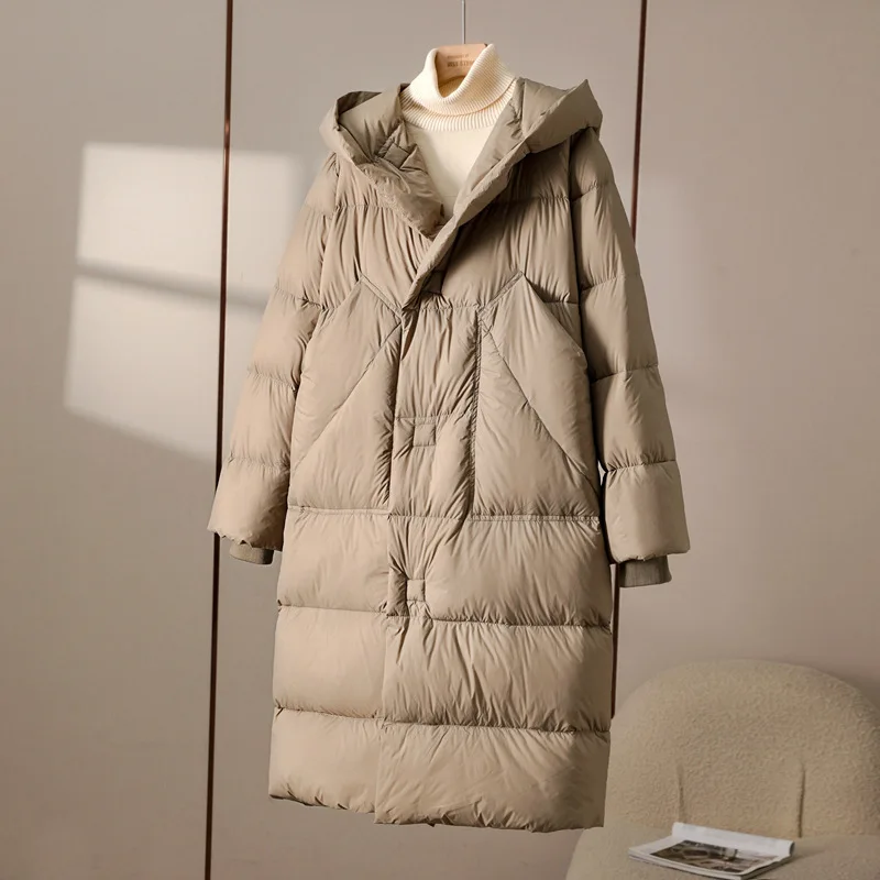 90 White Eiderdown Jacket Women's Long Over The Knee Warm Thick Hooded Bread Jacket Simple Fashion Winter Coat Tide Kupaci