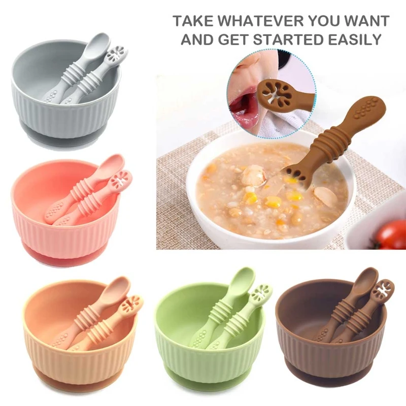 

3 Pcs Baby Silicone Suction Bowl Spoon Fork Learning Training Feeding Set Utensil Dishes Tableware for Newborn Toddlers