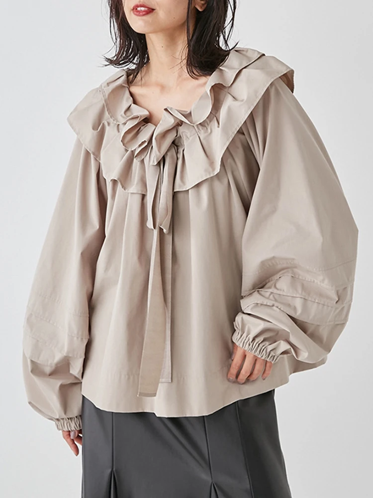 

2022 New Spring Women Ruffles Collar Solid Color Loose Lace Up Sweet Blouse Japan Style Vogue Temperament Shirts Tops Femme