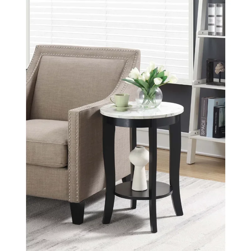 

Convenience Concepts American Heritage Round End Table with Shelf, White Faux Marble/Black Coffee Table