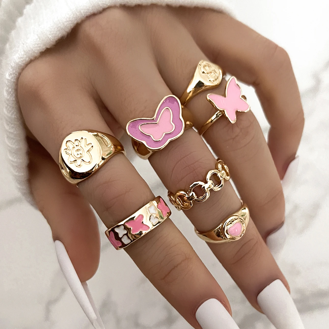 

Aprilwell Kpop Cute Butterfly Matching Rings for Women Gothic Aesthetic Pink Heart Egirl Y2k Fashion Jewelry Gifts Anillos Mujer