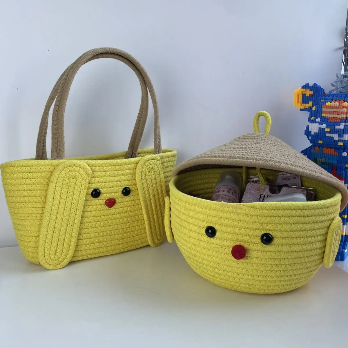 

New Woven Bag Cartoon Dog Animal Hand Woven Storage Basket Children's Toys Desktop Storage Box Laundry Basket 1Pcs