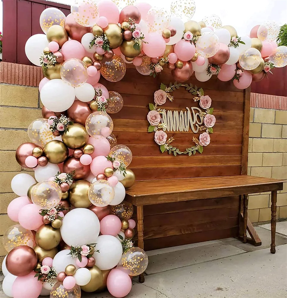 

142Pcs DIY Rose Gold Pink White Balloon Garland Arch with Confetti Balloons for Baby Shower Wedding Princess Birthday Decoration