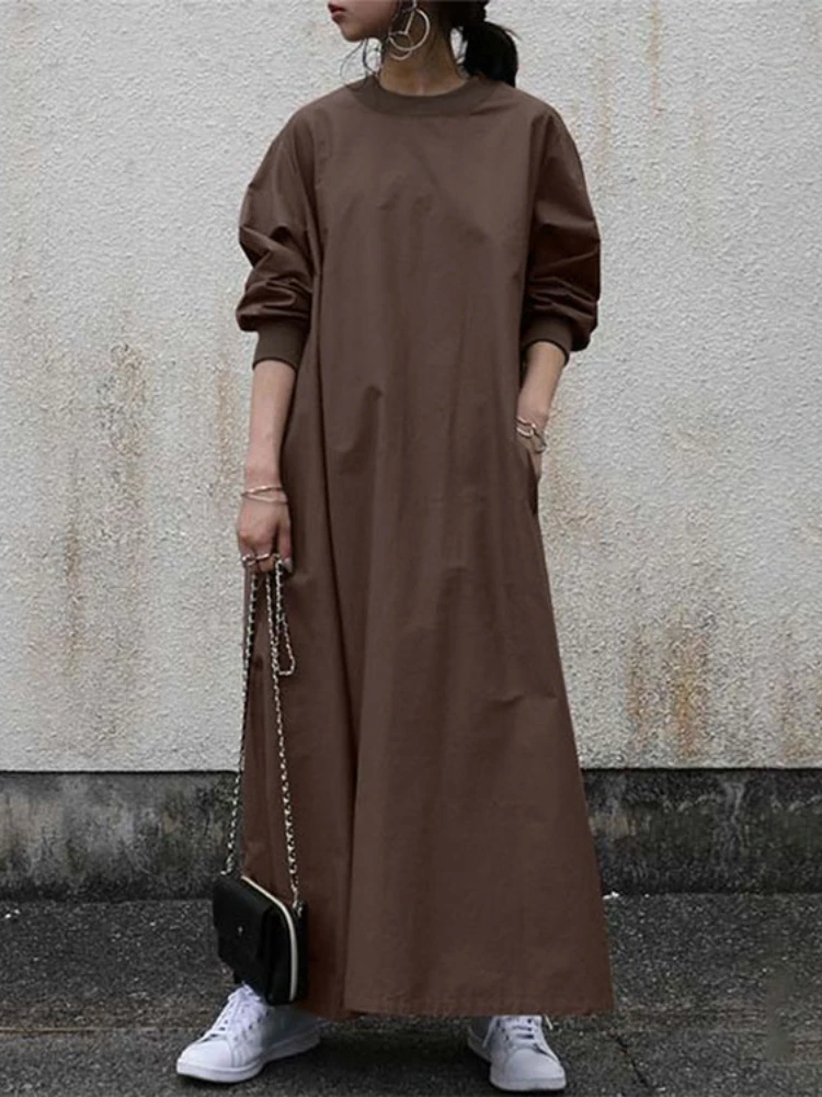 

New 2022 Spring Casual Women's Dress Pullover Long Sleeve Round Korean Fashion Neck Big Swing Long Dress LOOSE Vintage Robe