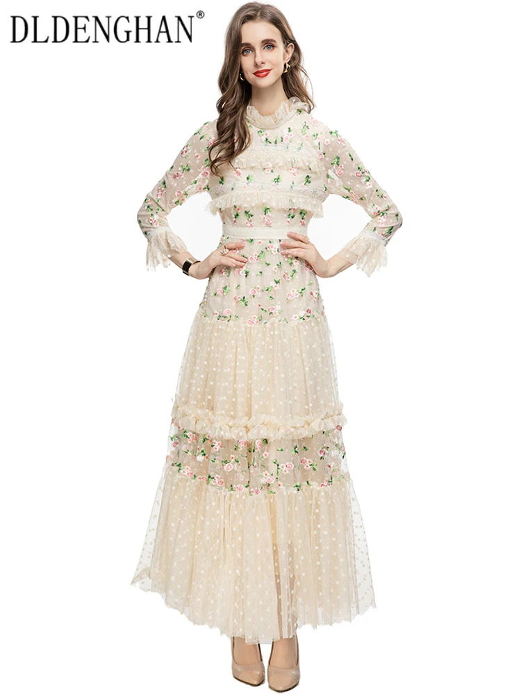 

DLDENGHAN модное раннее осеннее Сетчатое длинное платье для женщин квадратный воротник расклешенный рукав с оборками Цветочная вышивка элегантные женские платья