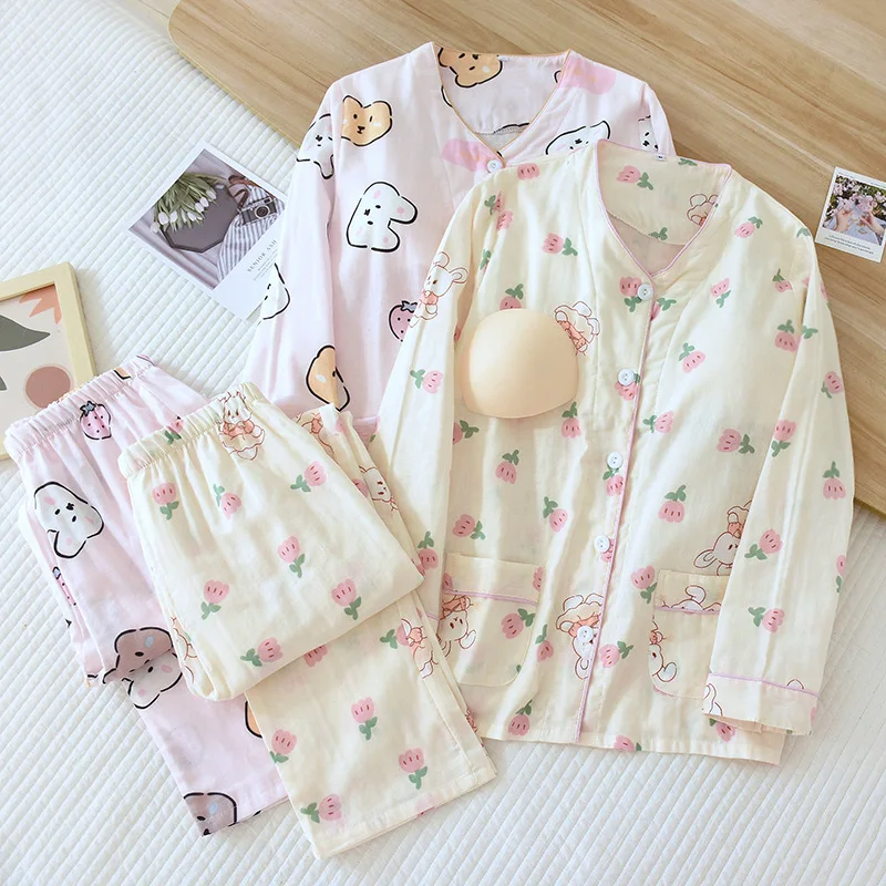 Cotton Women's Pajamas with Chest Pads Four Seasons Thin Long-sleeved Bra-free Loose Casual Sleepwear Home Set Two-piece Suit