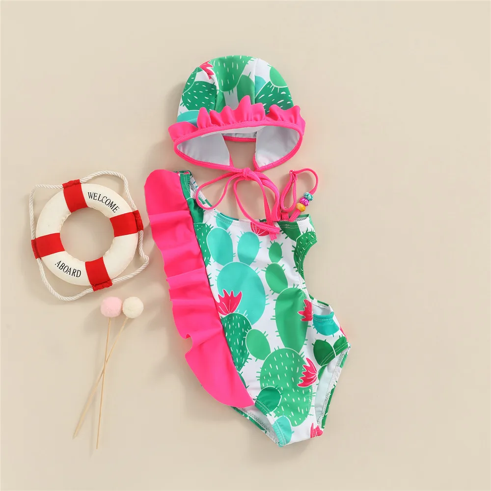 

Baby Girl Cactus Print Swimsuit with Bonnet Cap 1-6Y Toddler Kids Children Summer Casual Swimwear Ruffle Frill Bathing Suit New