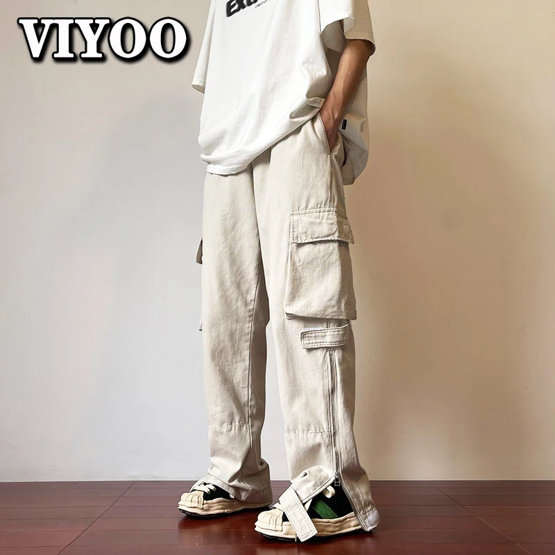Men's Cargo Pants May Pocket Beige Black Fashion Hip Hop Casual Straight Baggy Loose Trousers Jogger Man Pants For Men