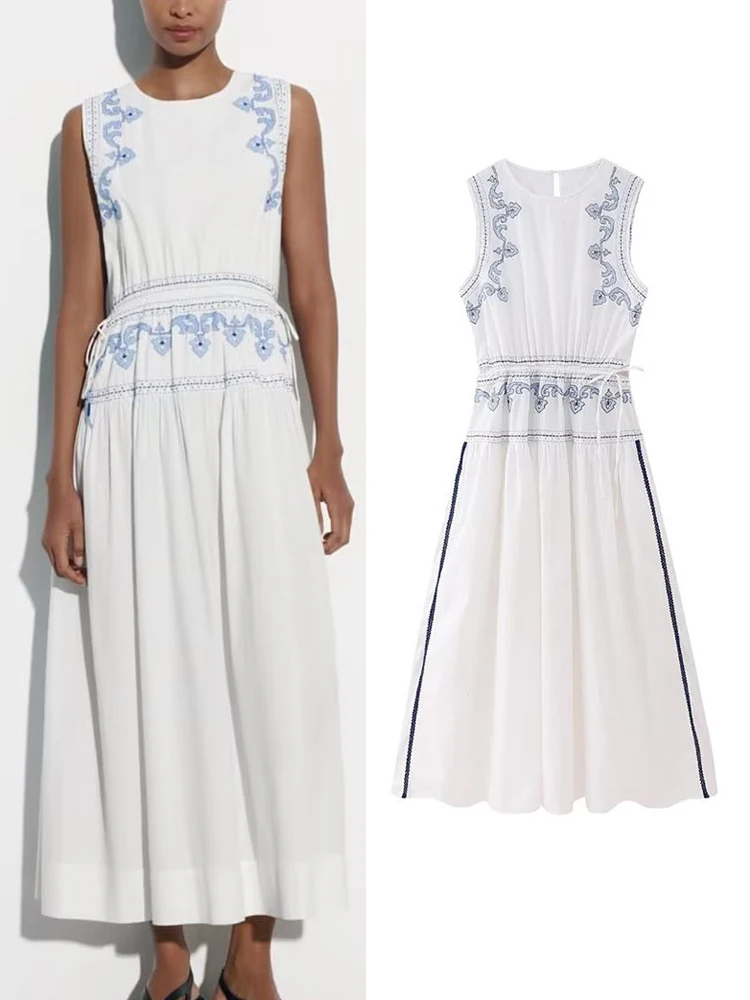 

TRAF Summer Women Embroidery Long Dress 2023 New Sleeveless Elegant Mid-Calf Party Vestidos Fashion Street Outwear Dress