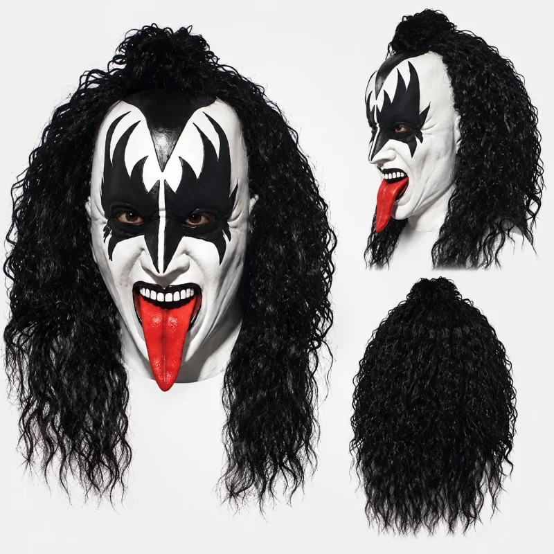 Фото Маска демона Джин Симмонс из группы KISS, реалистичная латексная маска с черным кудрявым париком для Хэллоуина, карнавала, косплей-вечеринки. №3