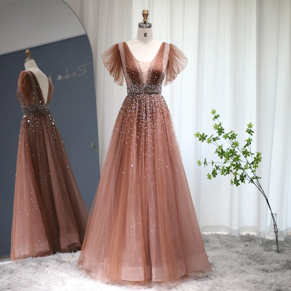

Sharon Said Sparkling Beaded Brown Luxury Dubai Evening Dresses for Women Wedding Elegant V-Neck Long Formal Party Gowns SS3445