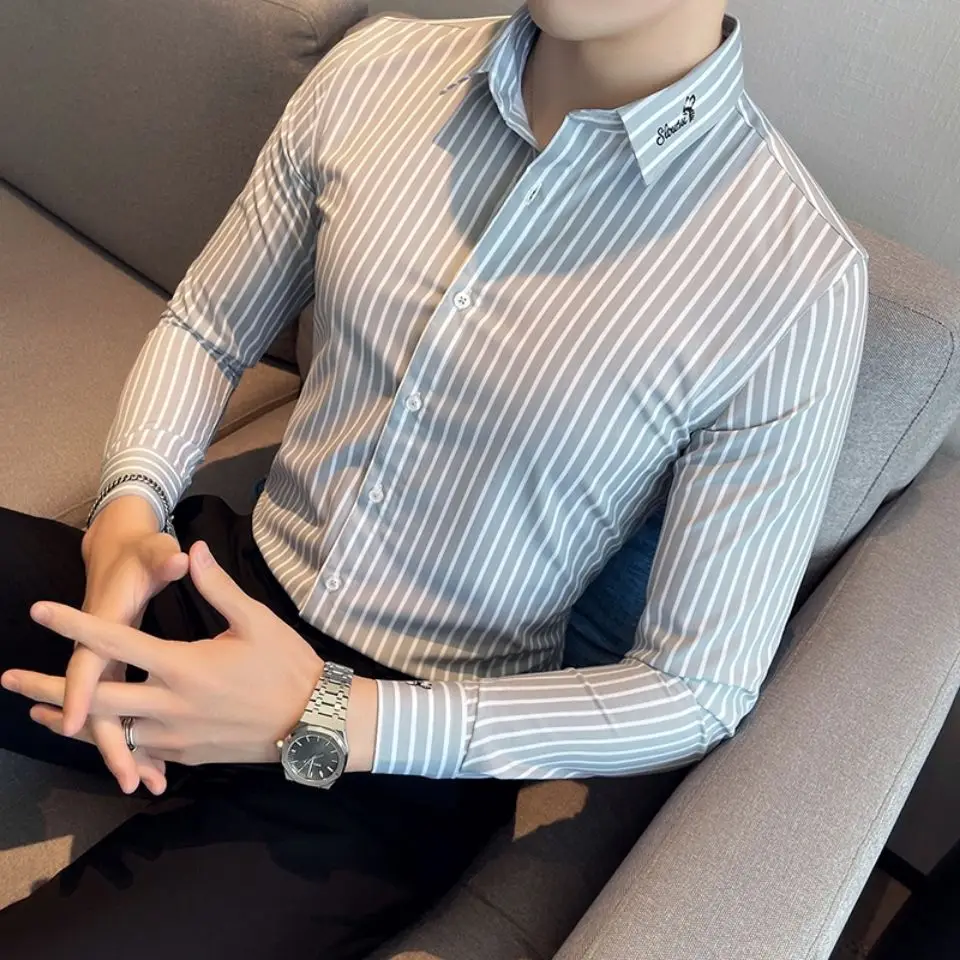 Men's long sleeve striped shirt anti-wrinkle embroidery spring and autumn business casual Korean slim handsome jacket
