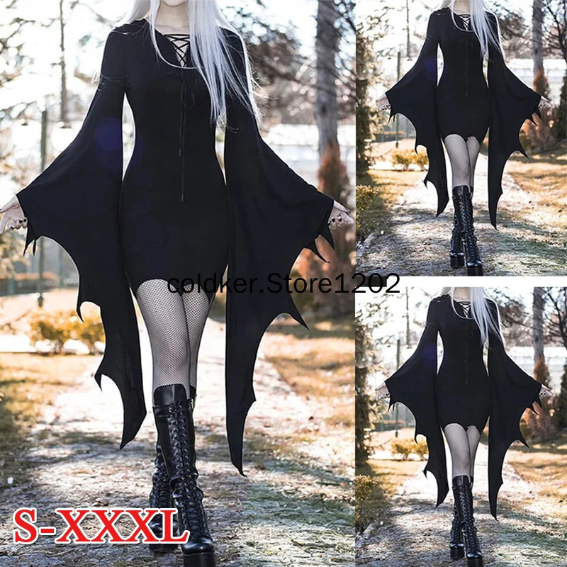 

Medieval Vampire Cosplay Costume Women Sexy Slim Gothic Black Dress Vintage Bat Sleeve Witch Halloween Carnival Party Dresses
