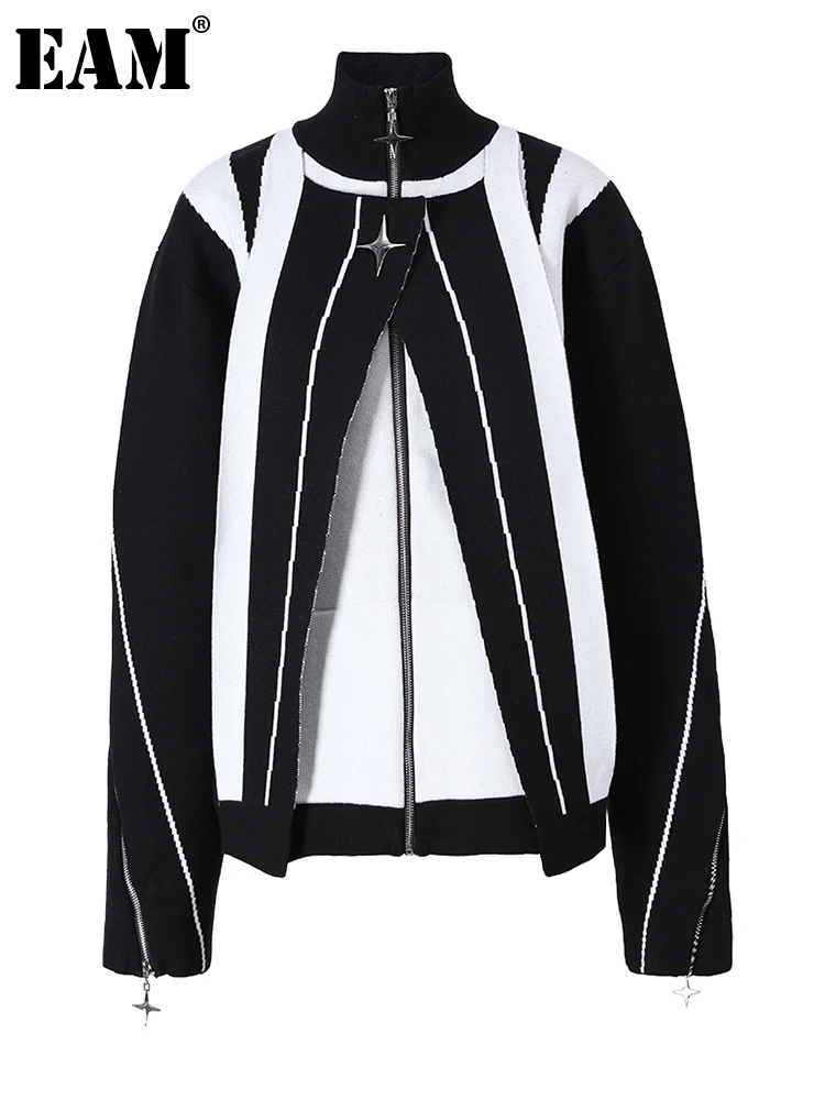 

[EAM] color-block big size Knitting Cardigan Sweater Loose turtleneck Long Sleeve Women New Fashion Autumn Winter 2022 9A60730