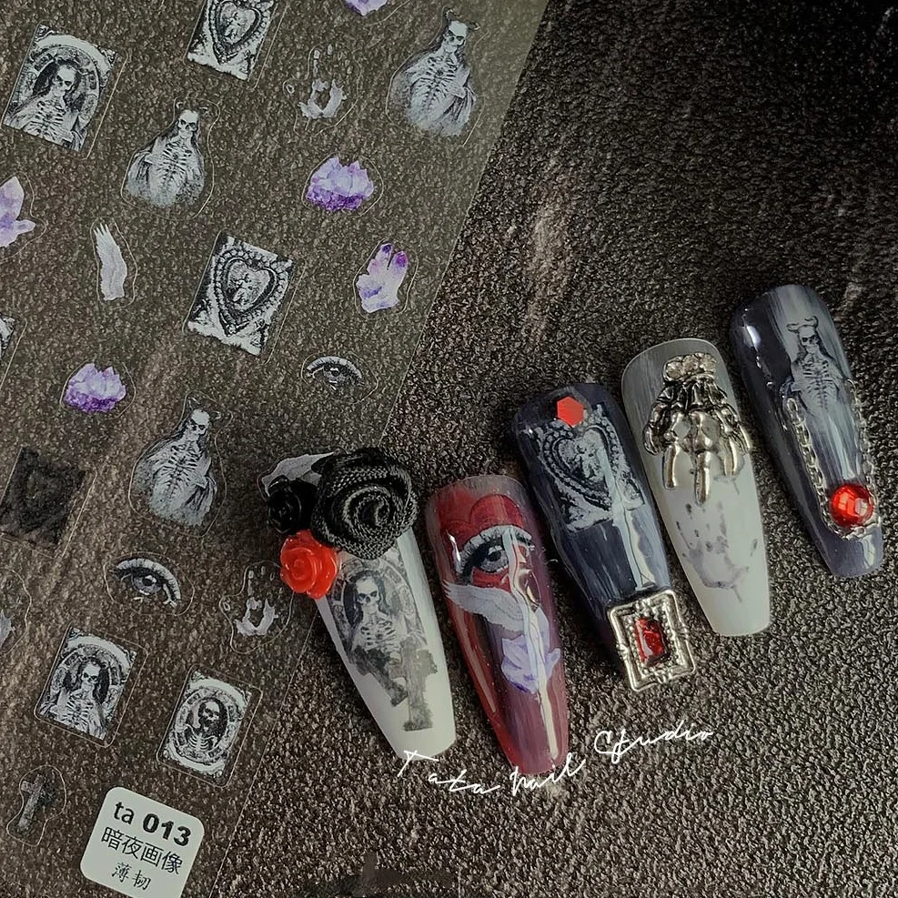 

Готическая темнота ужас 3D Самоклеящиеся украшения для ногтей Наклейка с черепом демона Хэллоуин маникюрные переводки Y2K макияж Искусствен...