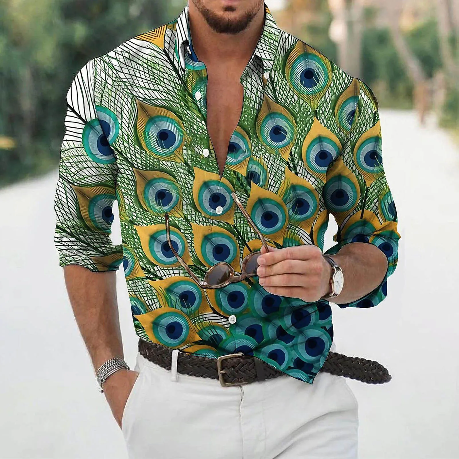 

Men's Casual shirts summer Cotton Linen printed Long Sleeve printed Shirts Loose Stand Collar Handsome Shirts
