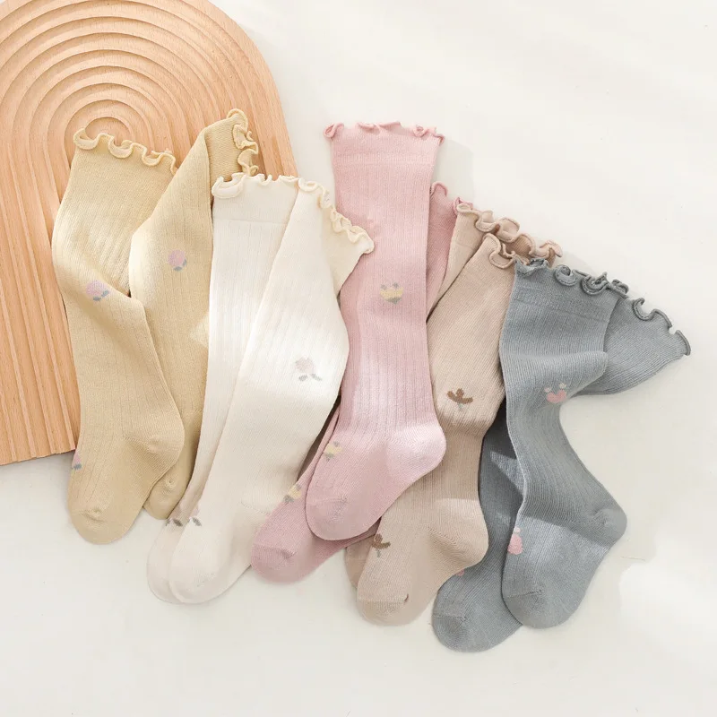 

Весенние цветочные длинные носки с ушными манжетами для женщин и детей высокие носки с окантовкой в виде грибов и детским цветочным принтом