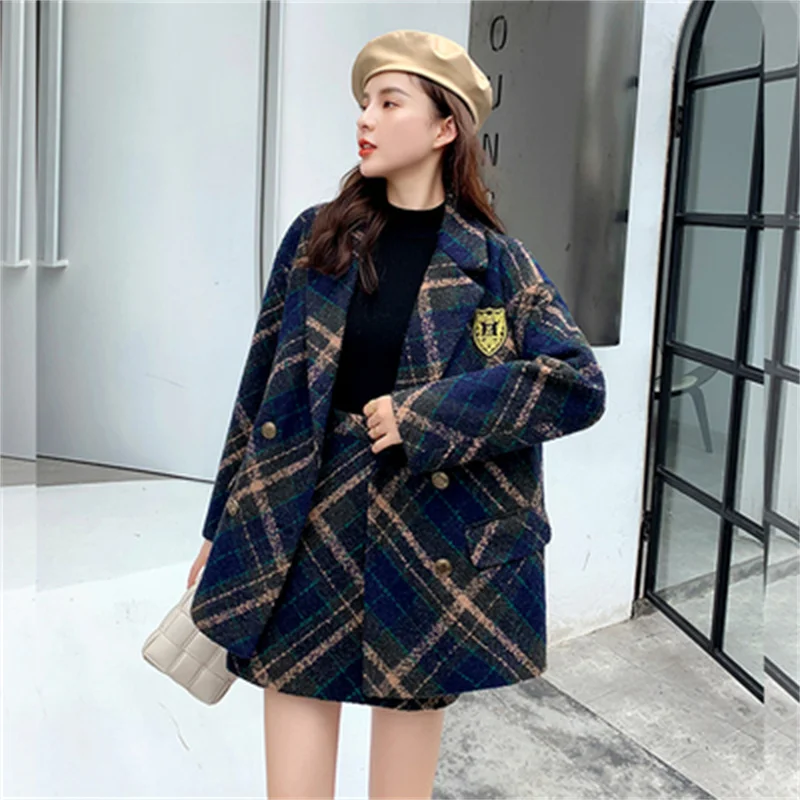 

2022 Korean Version All-match Retro College Style Casual Suit Age-Reducing Plaid Tweed Suit Jacket Skirt Fashion Two-piece Trend