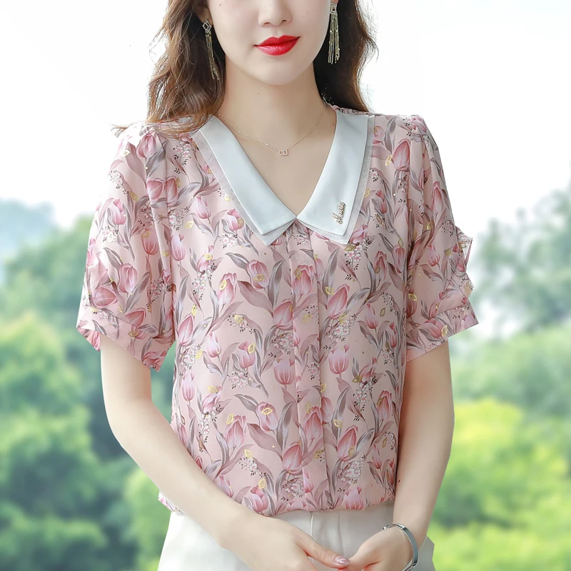 

2022 summer floral chiffon shirt women sweet peter pan collar short sleeve blouse women tops elegant ruffles blouses loose blusa