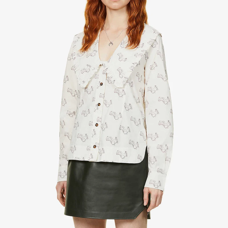 

Cotton Sexy Slim Shirt 2022 Summer New Lapel Top Squirrel Print Lotus Leaf Collar Long Sleeves