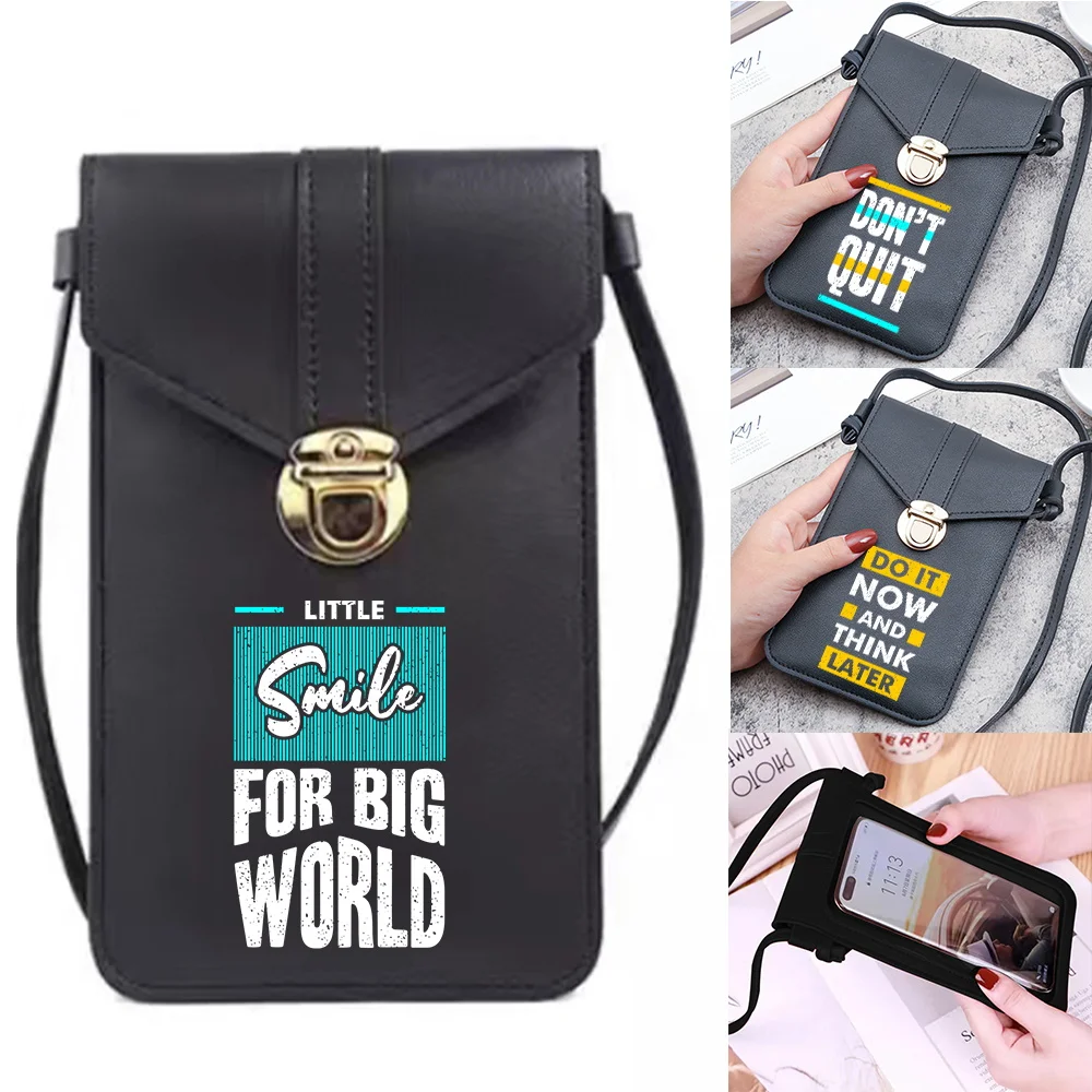 

Touch Screen Mobile Phone Bags for IPhone Huawei Samsung PU Leather Phrase Print Messenger Crossbody Bag Storage Packet