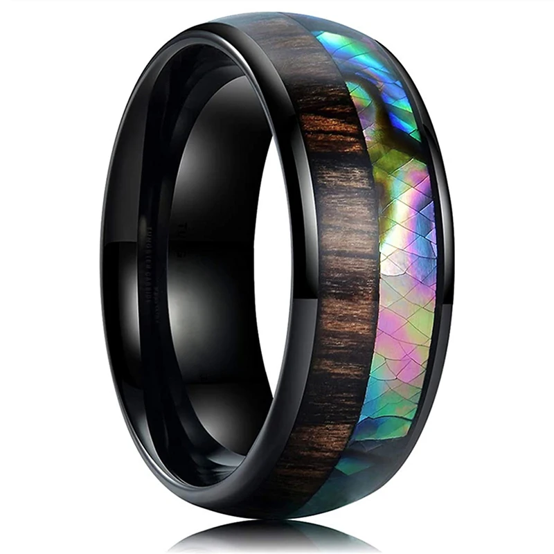 

2023 Fashion 8MM Stainless Steel Rings Anniversary Gift Vintage Inlay Wood Imitation Shell Pattern Wedding Band for Men Jewelry