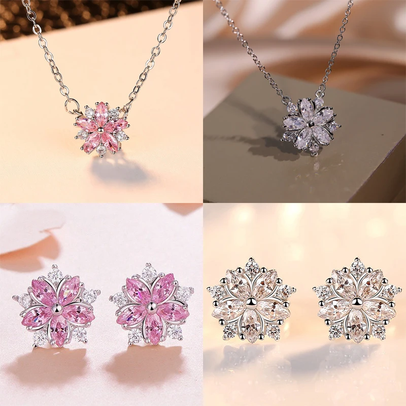 

New Cherry Blossom Necklace+Earrings 2 Pieces Beautiful Romantic Luxury Shiny High Quality Diamond Jewelry Women's Party Gift