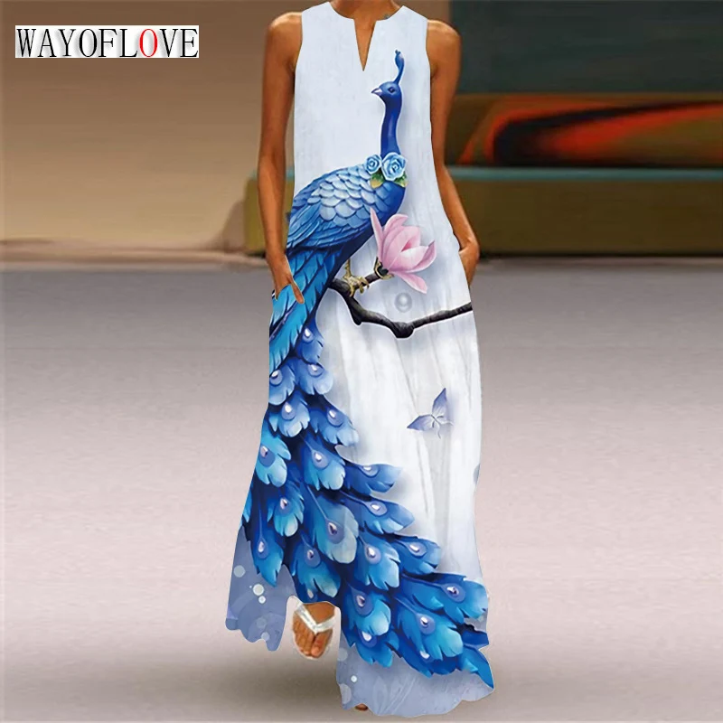 

WAYOFLOVE Ladies Spring Summer White Long Dress Sleeveless V-neck Peacock Print Elegant Dresses Party Casual Beach Women's Dress