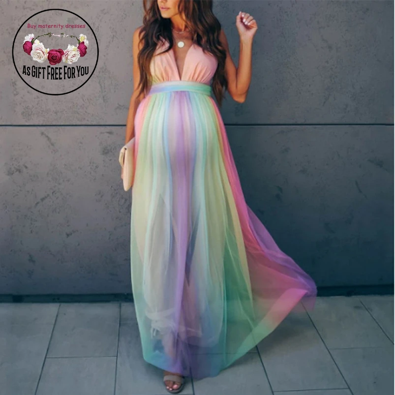 

Sexy Maternity Dresses Photography Long Pregnancy Photo Shoot Prop For Baby Showers Party Rainbow Tulle Pregnant Women Maxi Gown