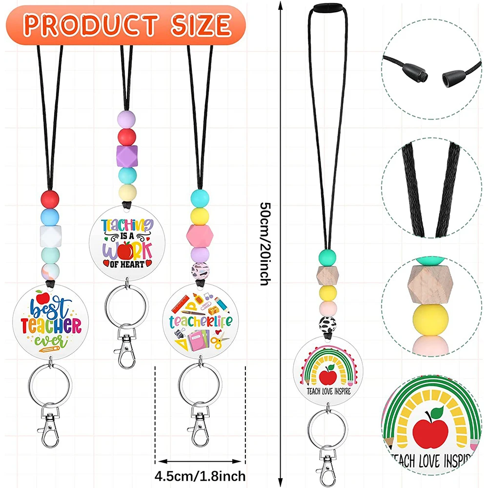 4pcs/set Teacher Lanyards for ID Badges Silicone Beaded Keychain Graduation Appreciation Gifts Cute Beaded Lanyards Keychain