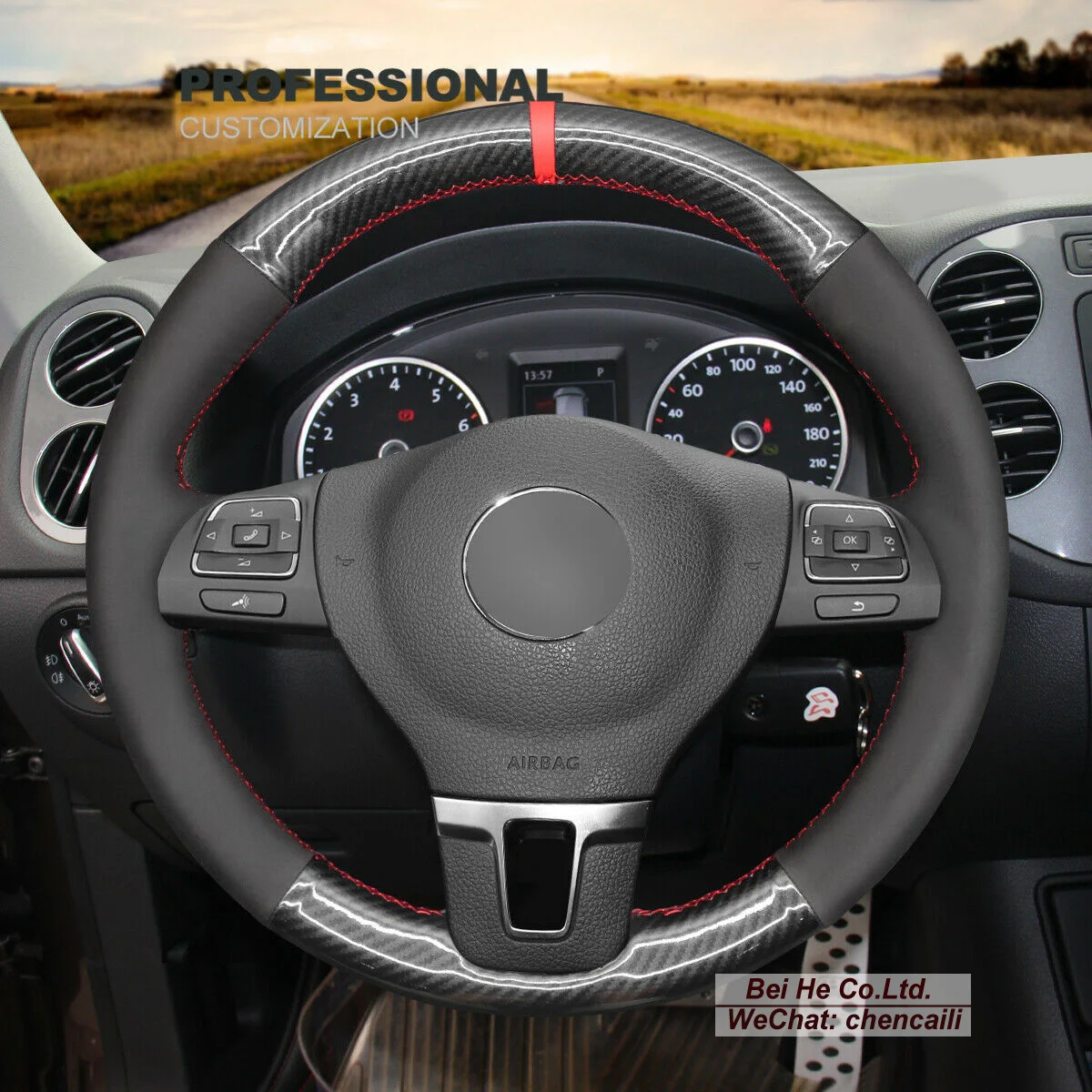 

Hand Sewn Durable Black PU Gloss Carbon Fiber Leather Car Steering Wheel Cover Wrap For Volkswagen VW Golf 2010-2014 / CC 2009-