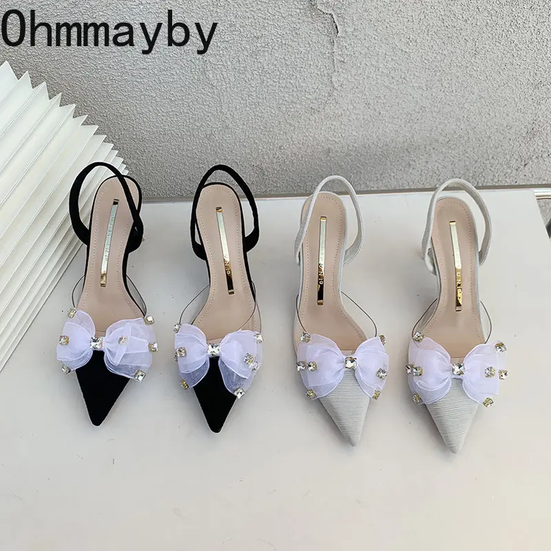 

Новинка лета 2023, женские сандалии, модные сандалии с бантом-бабочкой и кристаллами, женские элегантные тонкие высокие туфли с ремешком на пятке