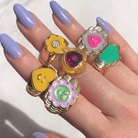 girl indie aesthetic rings gold geometry heart creativity design smiley mood ring egirl y2k jewelry rings for women