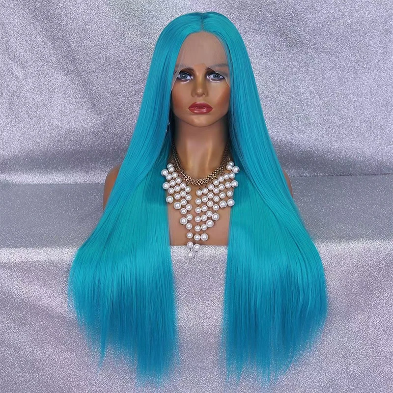 

13*4 Lace Front Wig Sky Blue 180Density 26Inch Long Straight Synthetic For Black Women With Baby Hair Heat Resistant Daily Wig