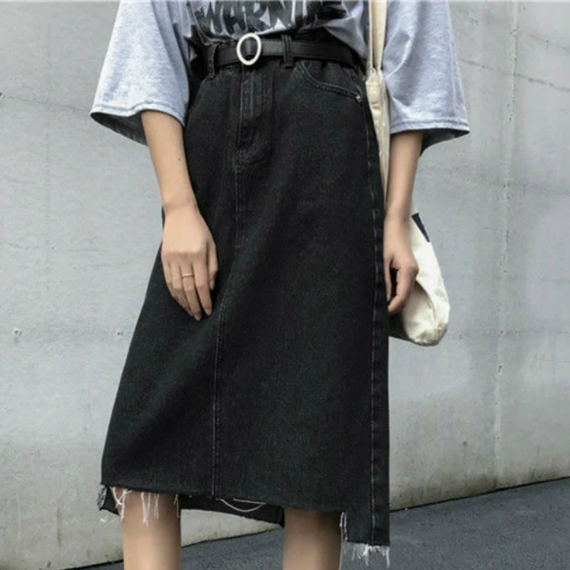 

Skirts Women Pure Black Denim Summer Chic Asymmetrical A-line High Waist Girls Skirt Sashes All-match Leisure Student Streetwear