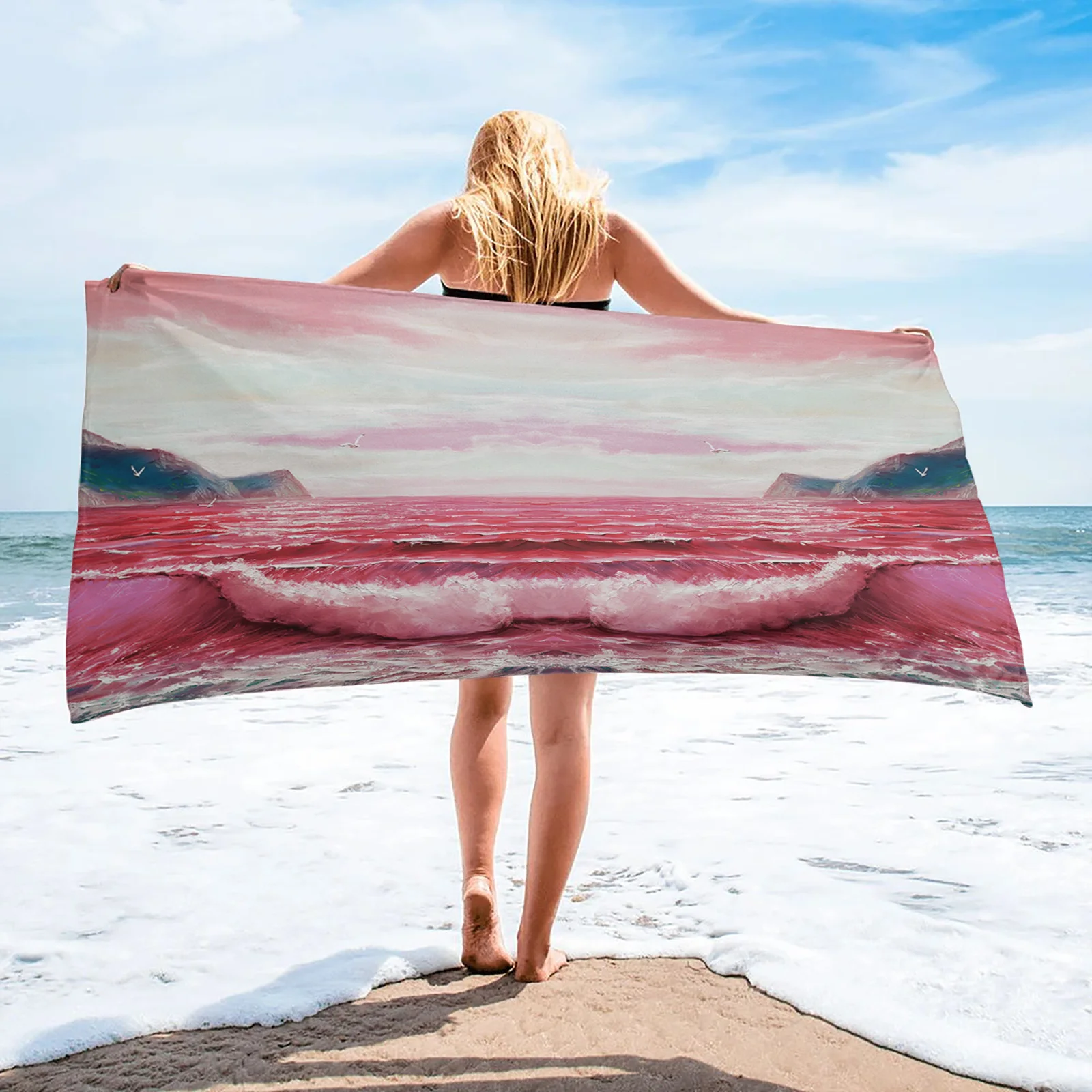 

Пляжное летнее художественное банное полотенце из микрофибры с красными волнами для ванной комнаты, бассейна, морского берега, мягкое пляж...