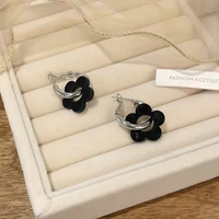 vintage french black flower drop earrings for women girls fashion aesthetic metal earrings female charm ins style jewelry gifts