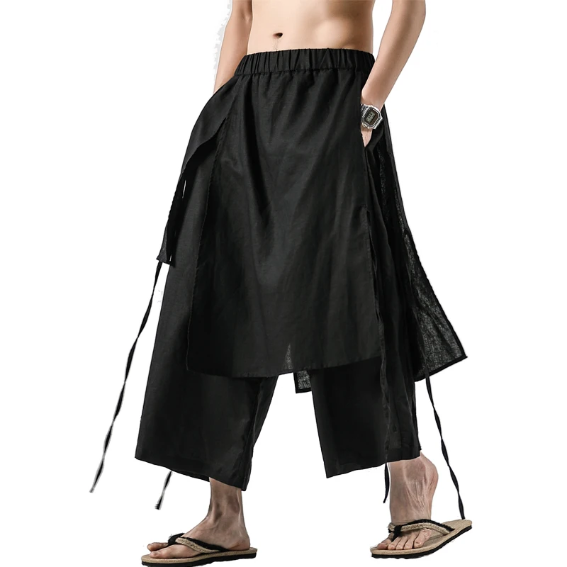 Han Elements Chinese Style Linen Culottes Ethnic Retro Style Trousers Cropped Pants for Men