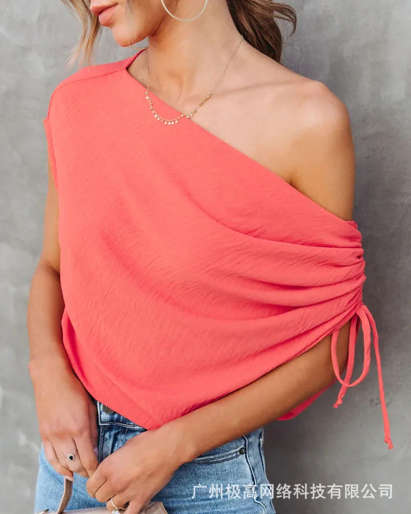 

Cold Shoulder Drawstring Sleeveless Top Women Solid Color New Spring Summer Blouse Tops T Shirt
