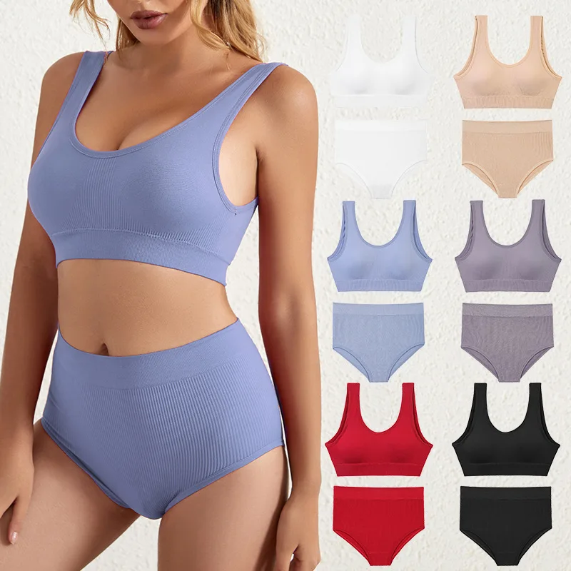 

Women Tops Set High Waist Panties Seamless Female Underwear Suit With Padded Bras Set Wireless Cozy Backless Bralette Lingerie