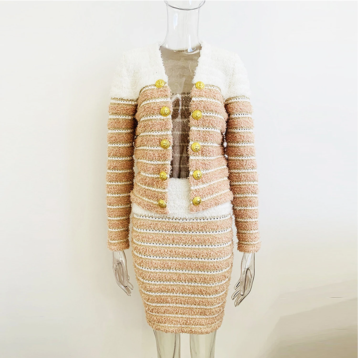 

Luxury Fabric Custom Colorblock Striped Knitting Two Piece Set For Women Long Sleeve Button Cardigan Sweater Tops Slim Skirt